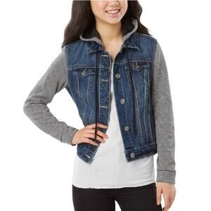 Wallflower Blue Emerson Denim Sweater Jacket Girls Kids M Hooded Striped Sleeves